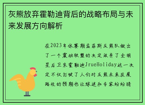 灰熊放弃霍勒迪背后的战略布局与未来发展方向解析 灰熊放弃霍勒迪背后的战略布局与未来发展方向解析