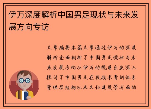伊万深度解析中国男足现状与未来发展方向专访