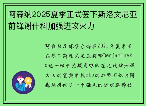 阿森纳2025夏季正式签下斯洛文尼亚前锋谢什科加强进攻火力 阿森纳2025夏季正式签下斯洛文尼亚前锋谢什科加强进攻火力